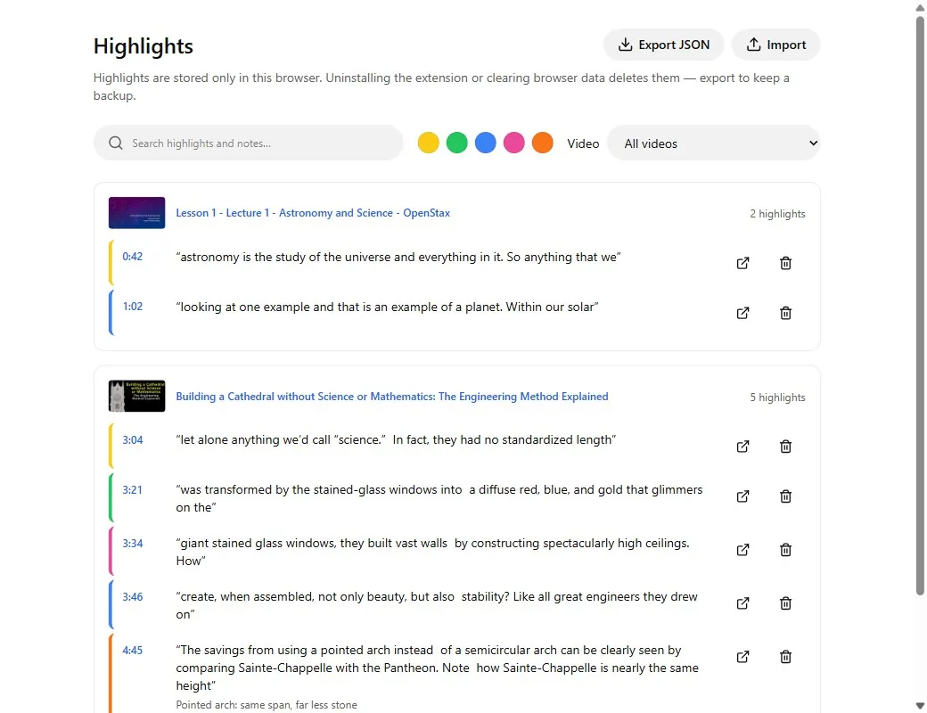 My highlights page listing highlights from two videos, with search and a color filter